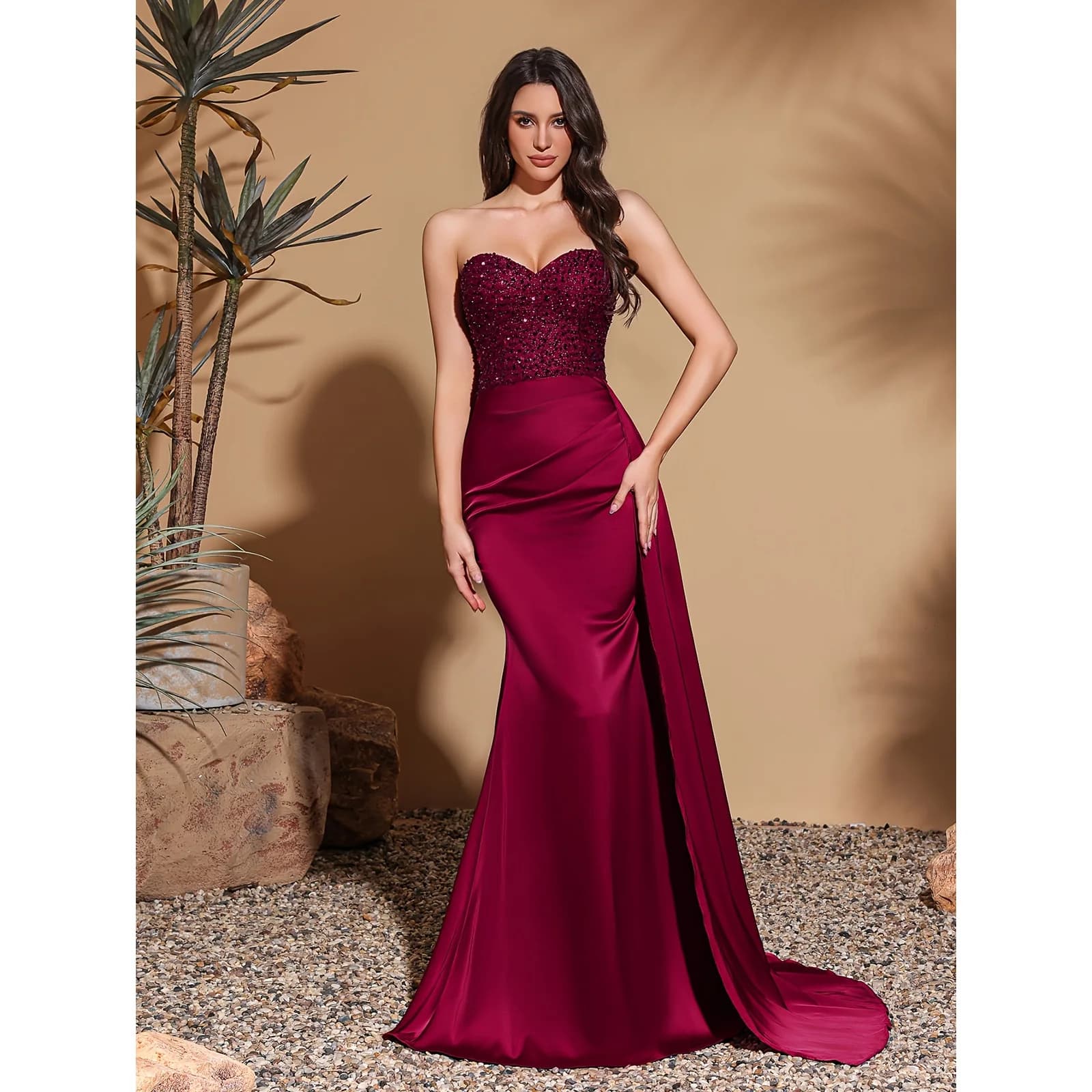 Satin waist pleated side flaps floor-length skirt, sequined spliced tube top dress