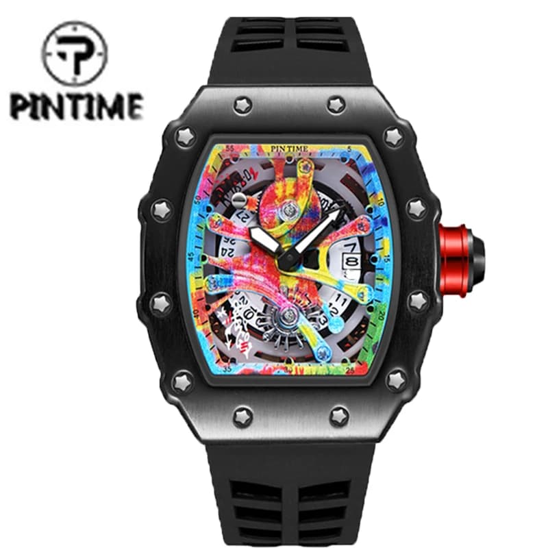 PINTIME Fashion Watches Men Hip Hop Sports Man Watch Male Silicone Rubber Strap Tonneau Clock Reloj Hombre Relogio Masculino