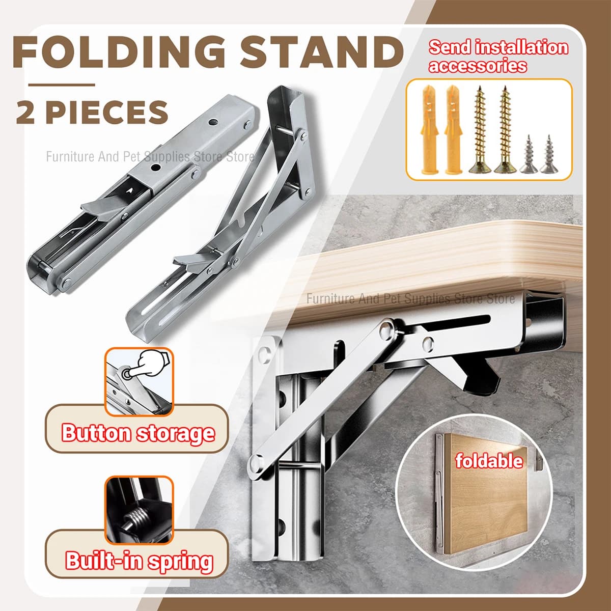 2pc Folding Shelf Brackets Heavy Duty Stainless Steel DIY Wall Mounted Collapsible Furniture Space Saving for Garage Workstation