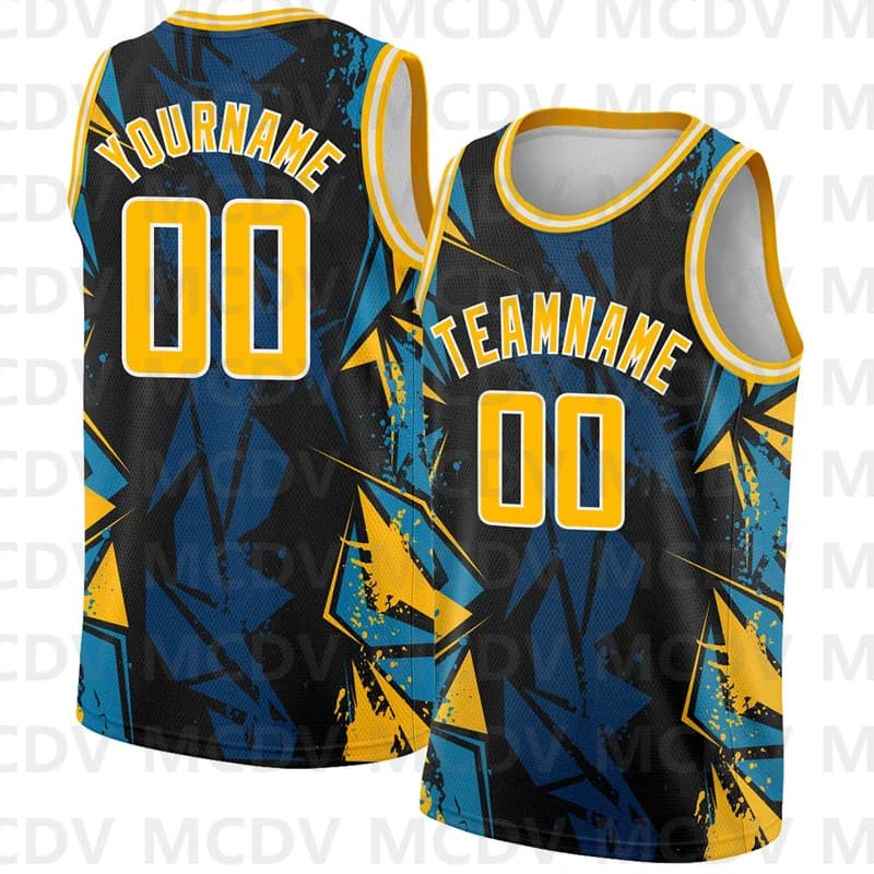 Custom Black Gold-Blue 3D Pattern Design Geometric Shapes Authentic Basketball Jersey Personlized Team Unisex Tops (1)