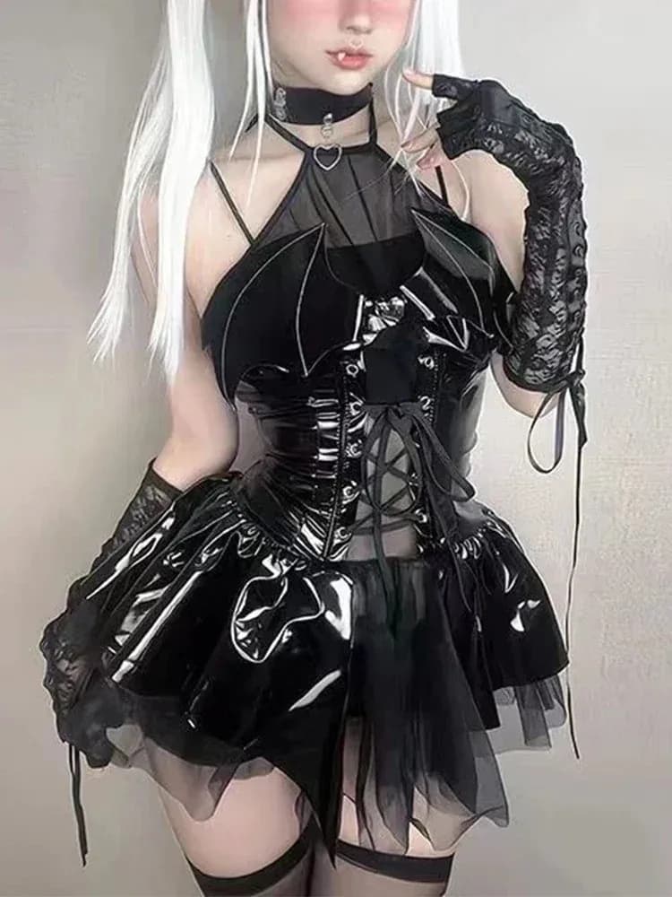 PU Latex Leather Halter Neck Straps Bat Devil Perspective Short Mini Dress Women Sexy Cosplay Lingerie Punk Y2k Gothic Clothes