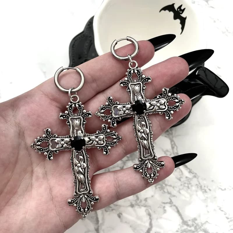 Gothic Large Silver Colour Tone Jewel Cross Earrings with Black Red Punk Hallowmas Jewellery Gorgeous Wedding Statement Women
