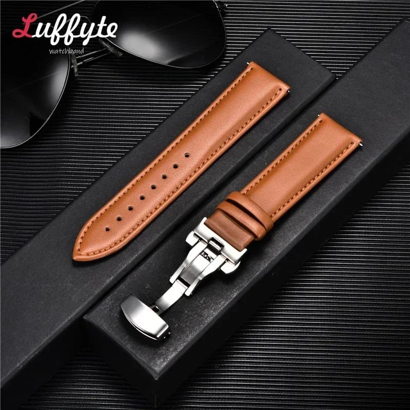 Leather Watchband 18mm 20mm 22mm 24mm Men Women Leather Watch Band with Automatic Butterfly Clasp Watch Strap