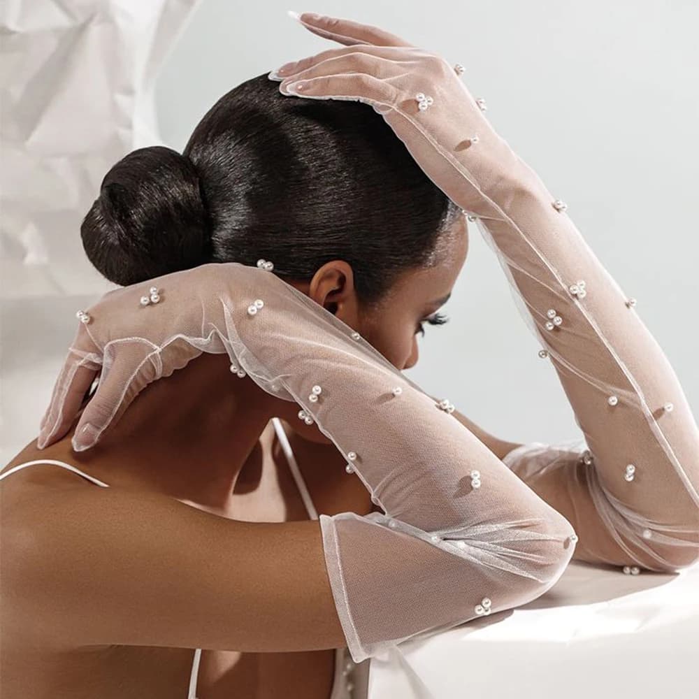 Vintage Transparent Wedding Gloves Pearls Long Elbow Mittens Mesh Arm Covers Women Party Bridal Dress Accessories Photo VPM07