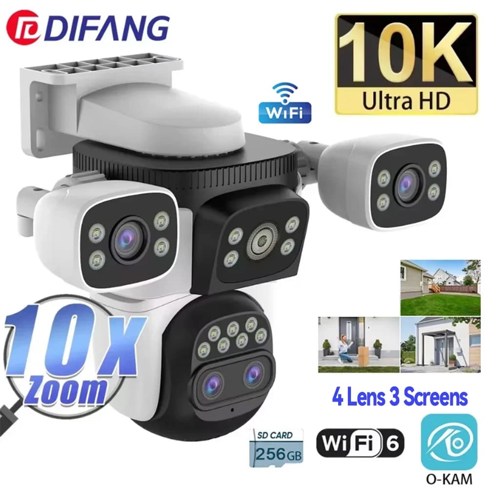 10K WiFi6 Outdoor Camera 20MP 10X Optics Zoom Three Screen Four Len PTZ Automatic Track 6K Dual Lens Waterproof Security CCTV
