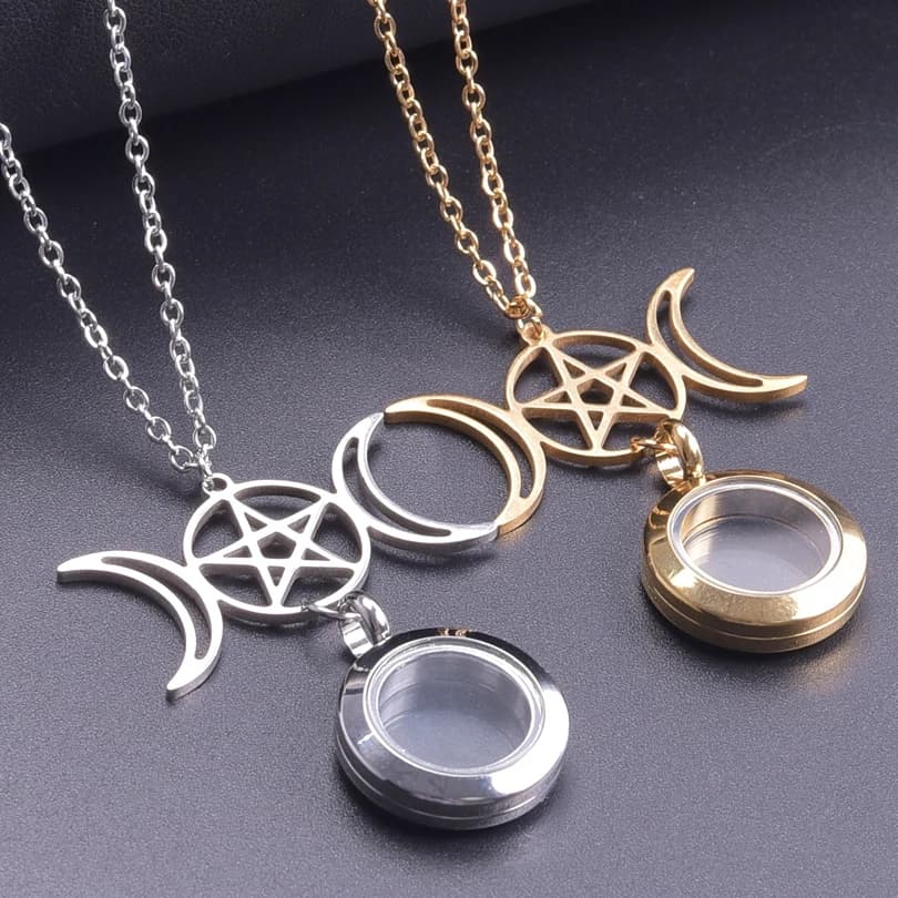 1Pc Witchcraft Round Glass Photo Memory Relicario Locket Pendant Necklaces Goddess Triple Moon Star Chain Women Collares Jewelry
