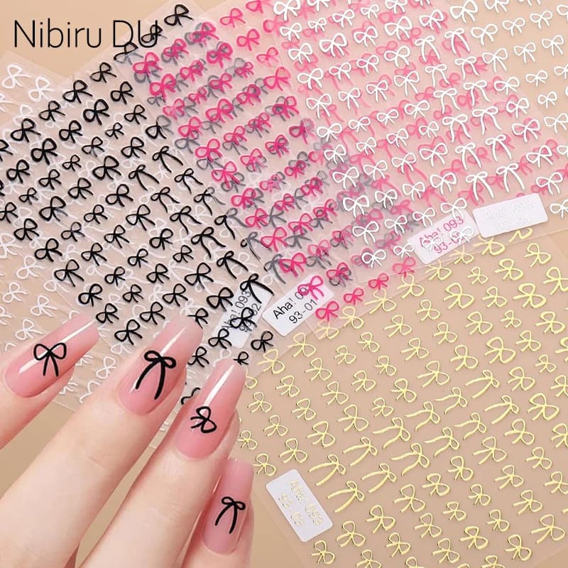 2pcs Black White Pink Mini Bowknot Design Nail Art Stickers Self Adhesive Lace Ribbons Bow Butterfly Decals Nail Art Decoration
