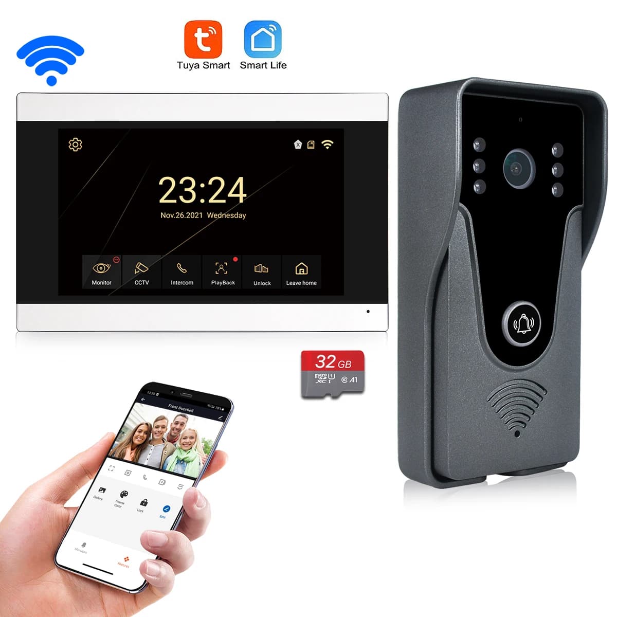 Wireless WiFi Video Intercom System 1080P Smart Video Doorbell for Home Touch Screen 32G Card 2 Way Audio TUYA APP Unlock 4 Wire