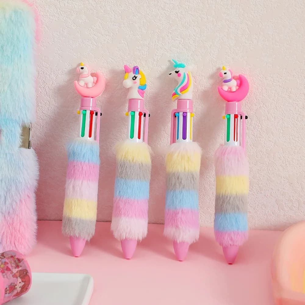 2PCs Unicorn Plush Ball-point Pen Colorful Ballpoint Pens Student Rainbow Gel Pen Cartoon Girl Handwriting Office Accessories