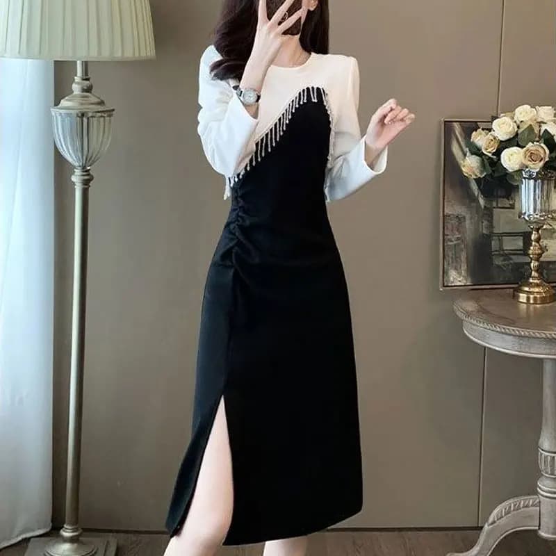 Stylish Tassel Asymmetrical Dresses Spring Autumn Contrasting Colors Women's Clothing Commute Elegant A-Line Split Midi Dress