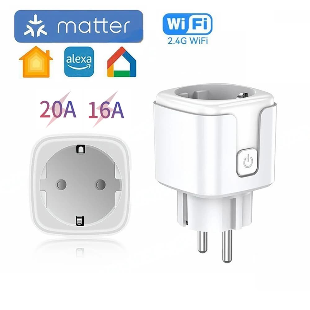 Matter WiFi Smart Socket 16/20A EU Home Appliance Outlet Mini Smart Plug Adapter APP Control Works with HomeKit Alexa Google