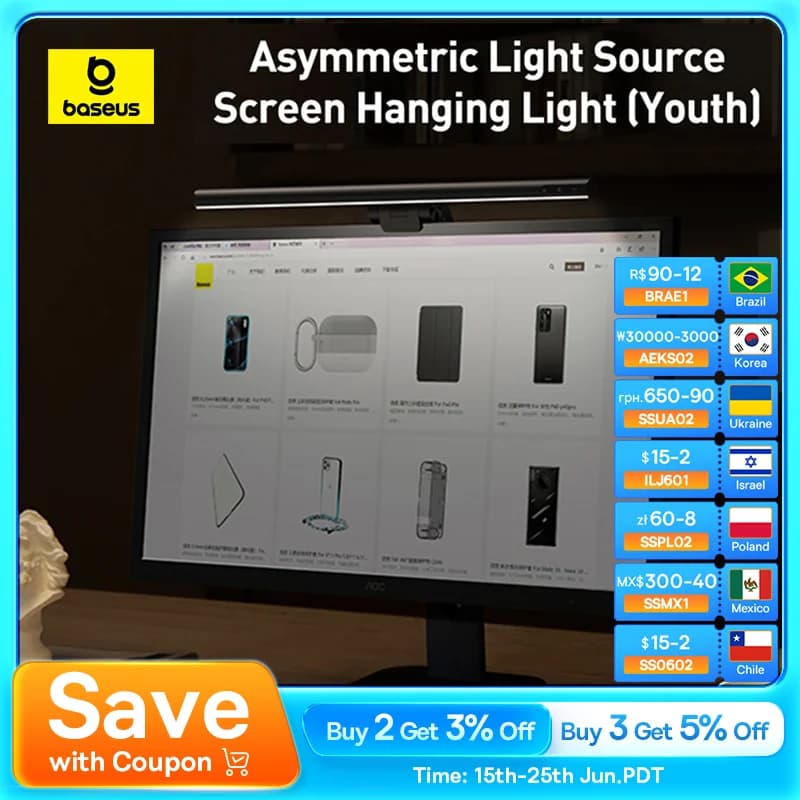 Baseus LED Desk Lamp Screen Light PC Computer Laptop Hanging LED Bar Light Table Lamp LCD Monitor Lamp Study Reading USB Light