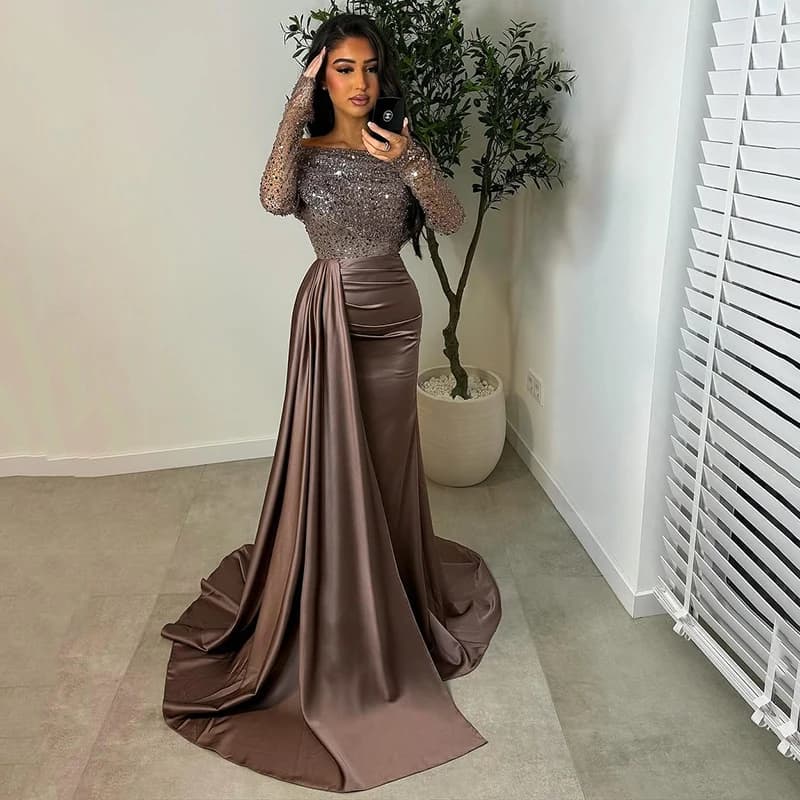 Thinyfull Sexy Mermaid Prom Evening Dresses Saudi Arabia Sequines Long Sleeves Night Party Dress Cocktail Prom Gowns Customized