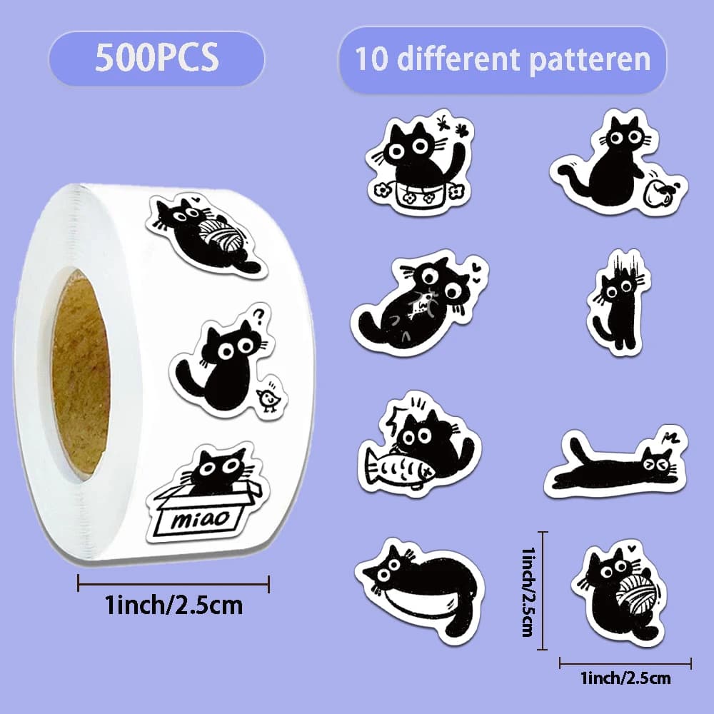 500PCS Creative Little Black Cat Cute Cartoon Roll Stickers Decorative Water Cup Notebook DIY Personalized Stickers