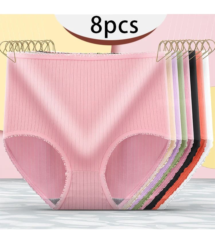8pcs Women Panties Girl Plus Size Underwear High Waist Briefs Breathable Solid Color Soft Female Lingerie Ruffles Decoration