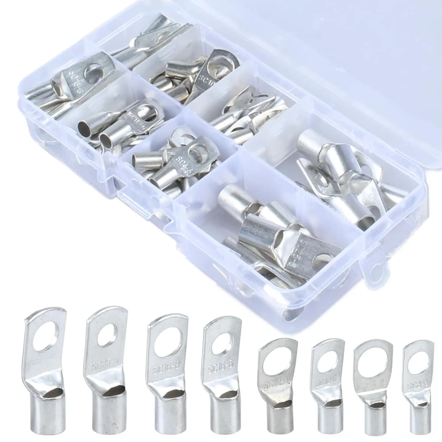 60PCS Tinned Copper Wire Lugs kit, Battery Terminal connectors Cable Ends, Ring terminals Used on AWG10 8 6 4 Cables