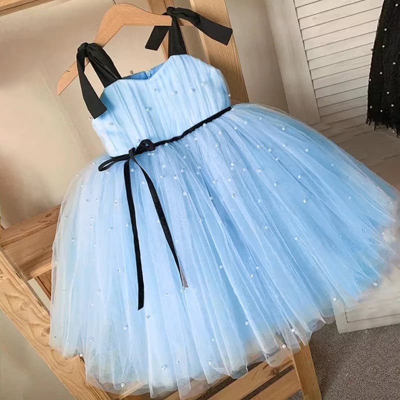 Summer Baby Girls 1st Birthday Party Dress Toddler Kids Bow Fluffy Tutu Gown Flower Girls Blue Dresses For Wedding Ceremony