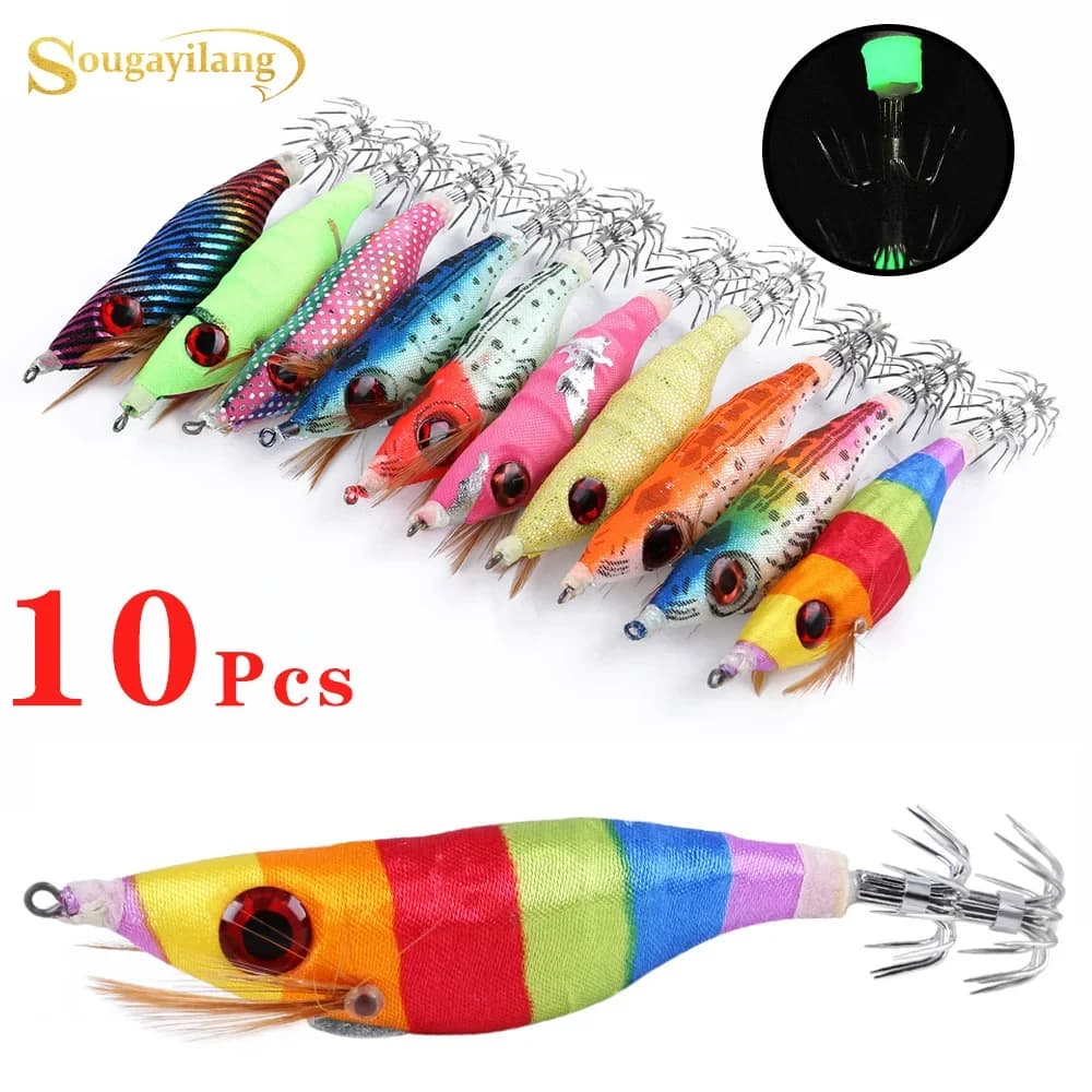 Sougayilang 10 Pcs Luminous Squid Bait Artificial Simulation Squid Bait Fishing Lure Suitable for Saltwater Fishing