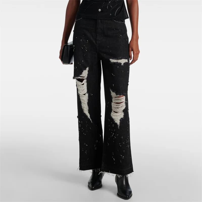 Women's pants New Vintage Distressed Women's Jeans for Autumn 2024 rhinestone decorated pure cotton high waisted flared pants