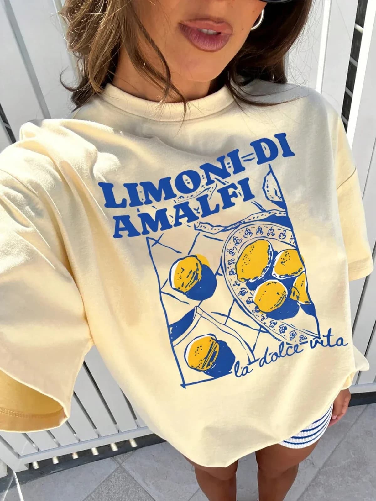 Limoni Di Amalfi Lemon Graphic Women's New Trend Collection Crew Neck Lettering Casual T-Shirt Summer Fashion
