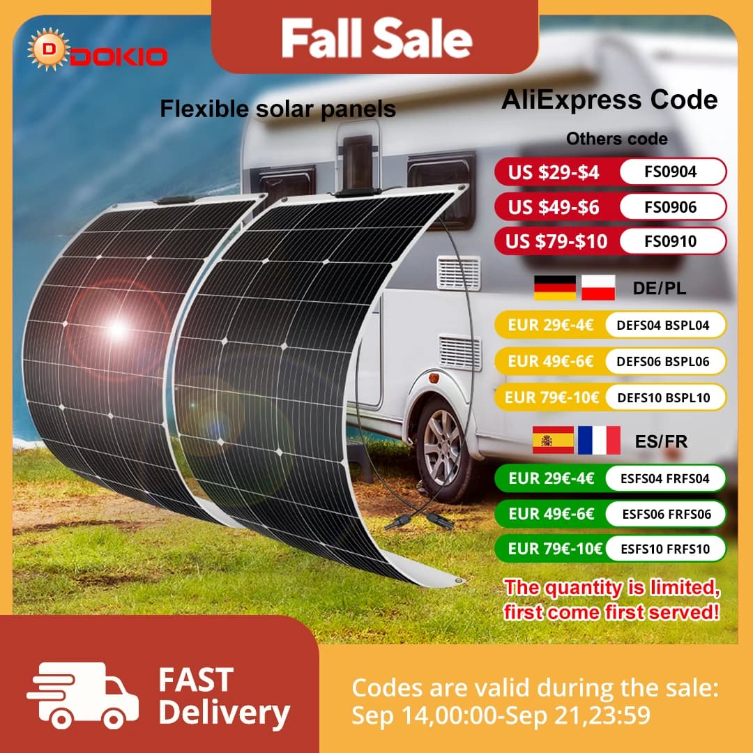DOKIO 18V 100W/200W/400W Flexible Solar Panels Waterproof Monocrystalline Solar Panel Camping RV Home Charge 12V