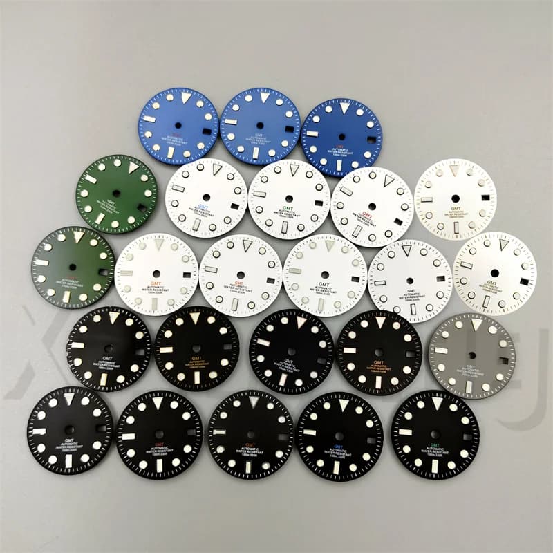 29mm Glossy Watch Dial Black White blue Dial Green Blue Red Orange GMT Text Black Gold Rose Edge Fit NH34 Movement C3 Luminous
