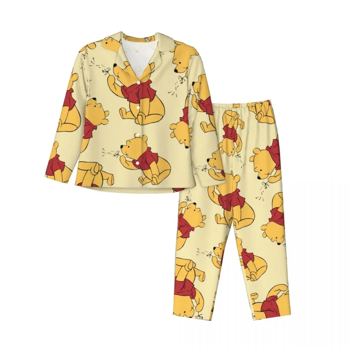 Pooh Bear Women's Pajamas Set Button Down Pajama 2 Piece Suit Pyjama Femme Nightwear Loungewear