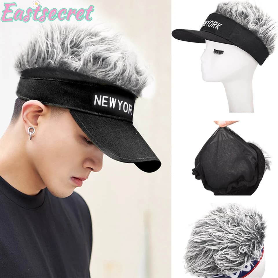 EAST Unisex Wig Visor Hat Men Women Short Hair Cap Adjustable Wig Baseball Hat Outdoor Sunhat Gift Black