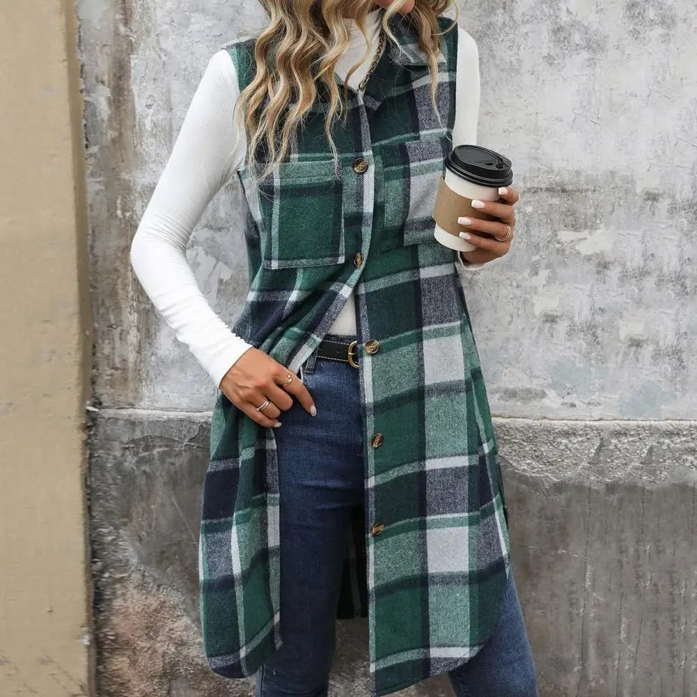 Vest Women Sleeveless Coat Plaid Print Women's Long Vest with Breast Pockets Stylish Outerwear for Daily Wear Work Dating