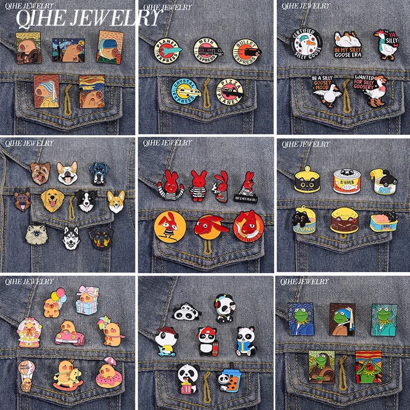 3-9pcs/set Cartoon Capybara Red Eared Rabbit Panda Cat Enamel Pins Anime Movies Vehicle Bullet Brooches Lapel Badge Jewelry Gift