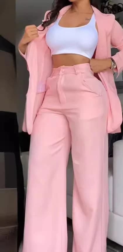 2024 Women's Elegant Solid Color Split Sleeve Collar Suit Pocket Straight Leg Pants Set