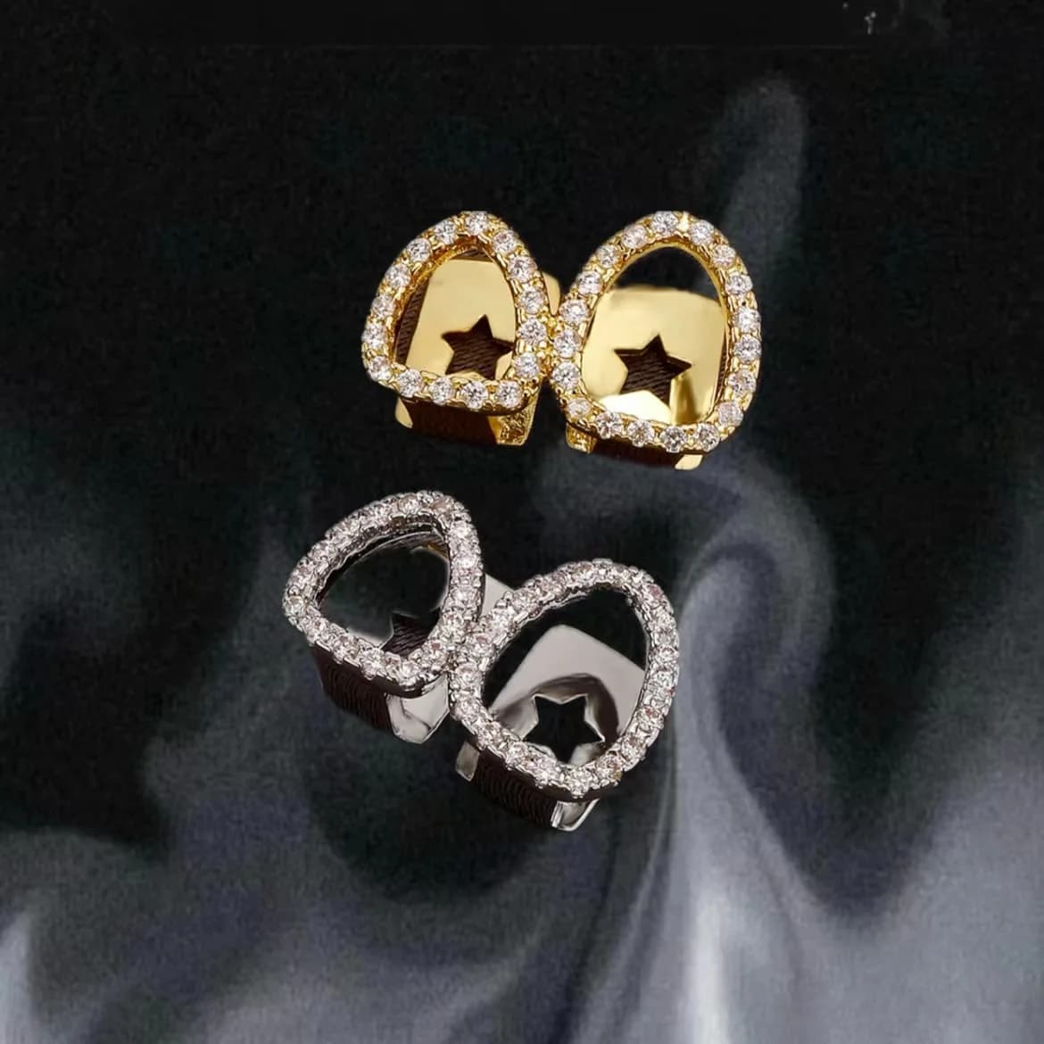 YOUNGX Hip Hop Double Hollow Zircon Teeth Grillz Gold Silver Color CZ Stone Tooth Caps For Women Men Jewelry Halloween Gift