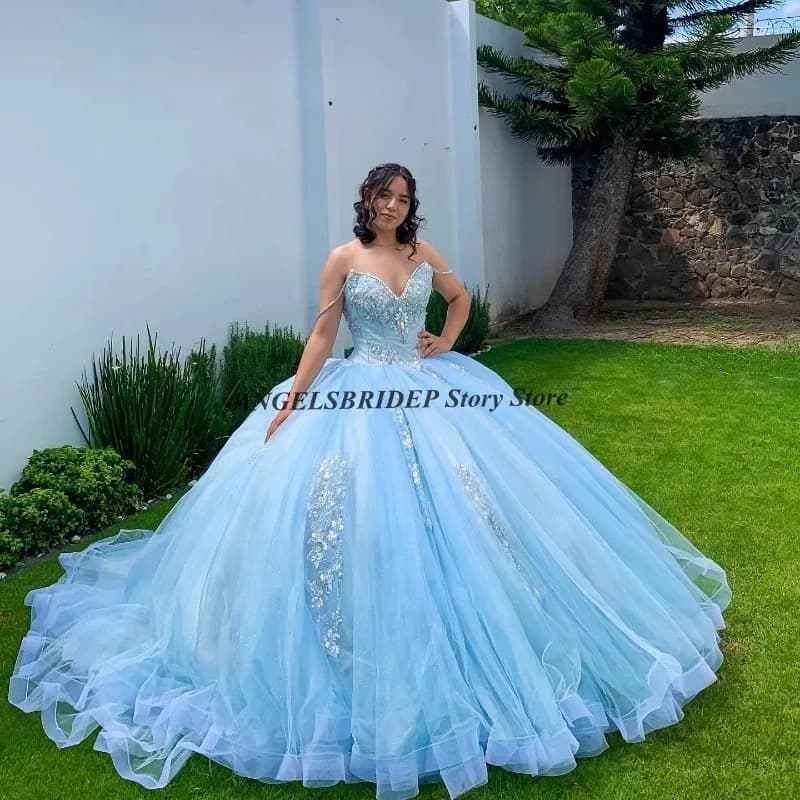 Angelsbridep Sky Blue Mexico Quinceanera Dresses For 15 Year Old Applique Lace Beads Ball Gown Birthday Party Dress Customized