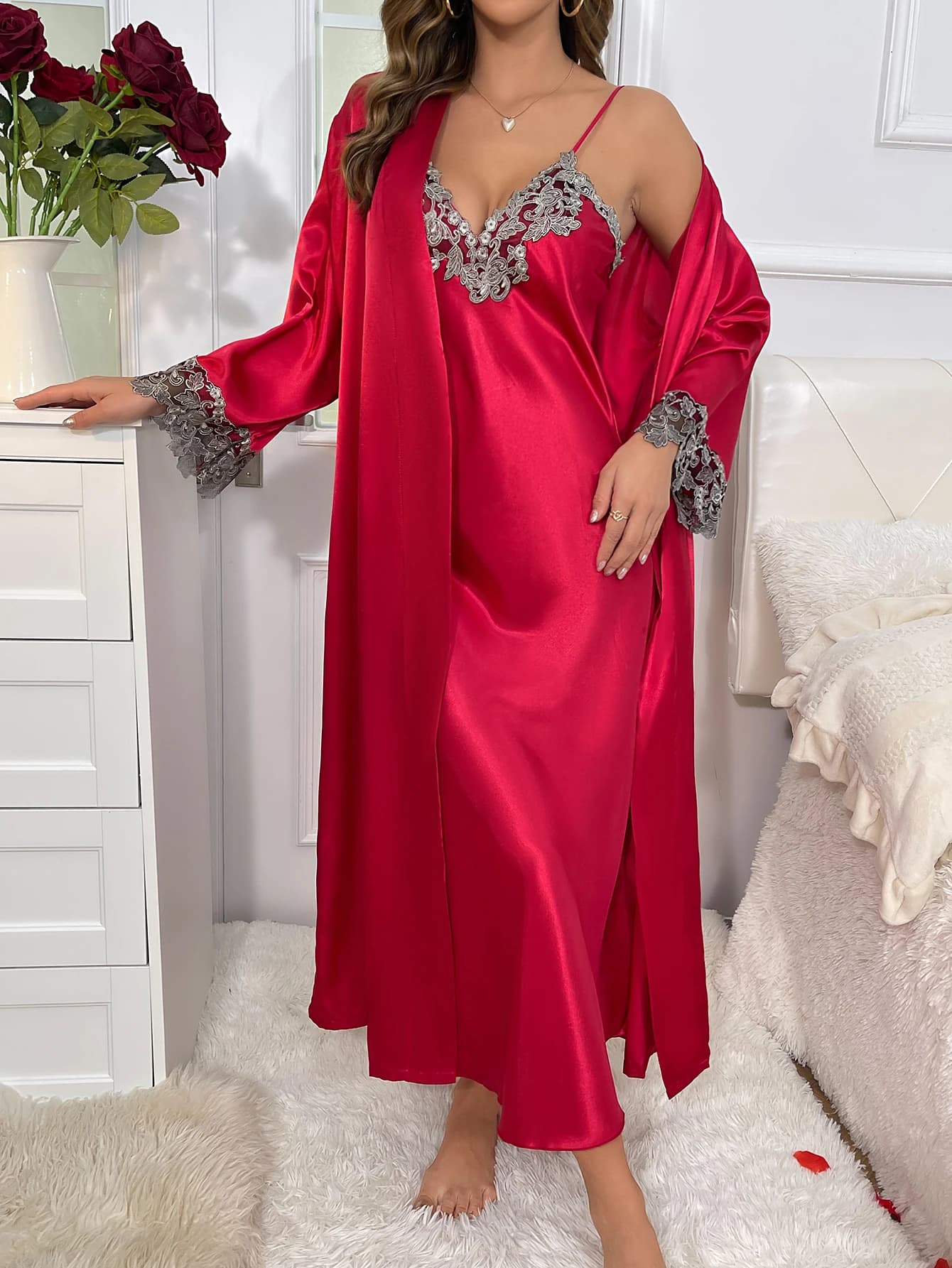 2cs Contrast Lace Long Sleeve Belted Robe V Neck Slip Dress Sexy Elegant Women Pajamas Sets