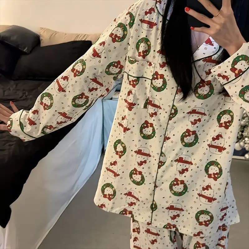 Sanrio Female Cardigan Long Sleeves Leisure Wear Suit Spring and Autumn Period Kawaii Hello Kitty Comic Lovely Student Pajamas