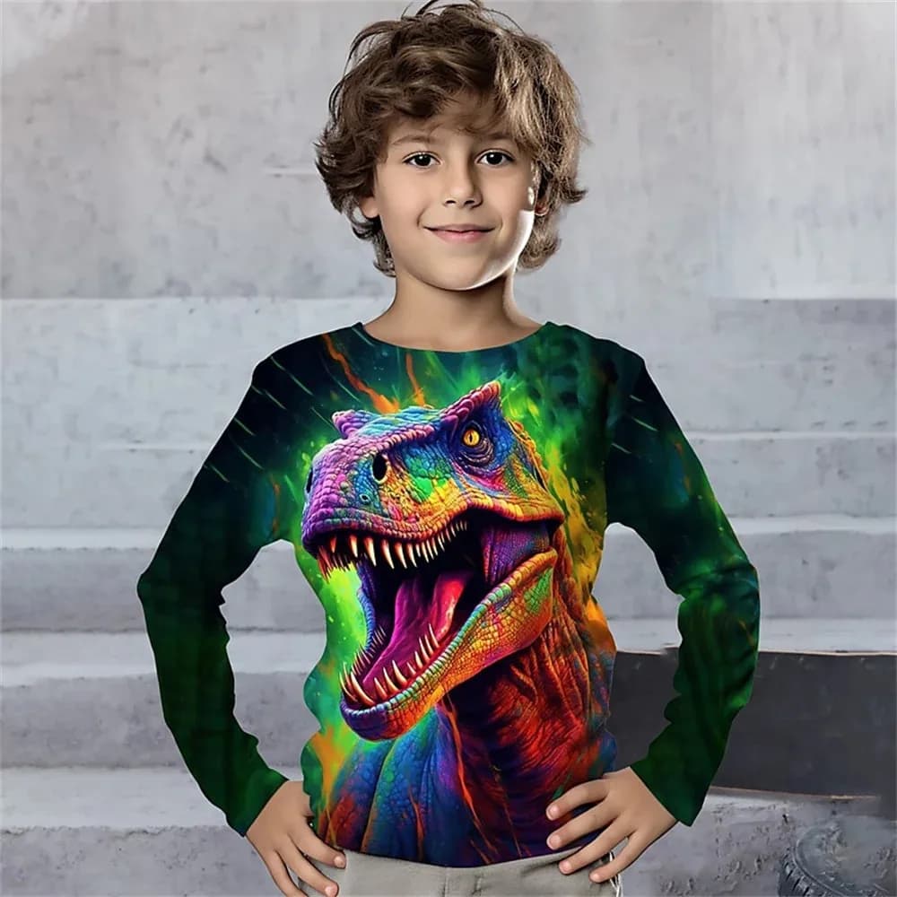 Boys Green Colorful Dinosaur Tops for Kids Korean Children's Clothing 2023 Clothes Child Boy Lion Print Tshirt Polyester Tees