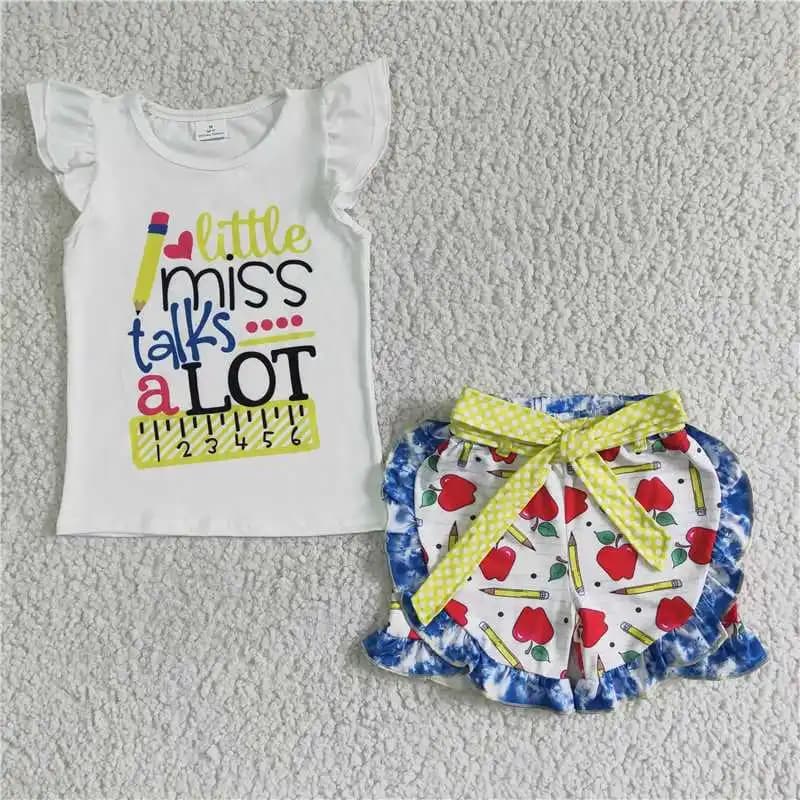 Wholesale Back to School Toddler Baby Girl Clothes Short Sleeves Shirt Outfit Children Ruffle Shorts Kids Sets Clothing