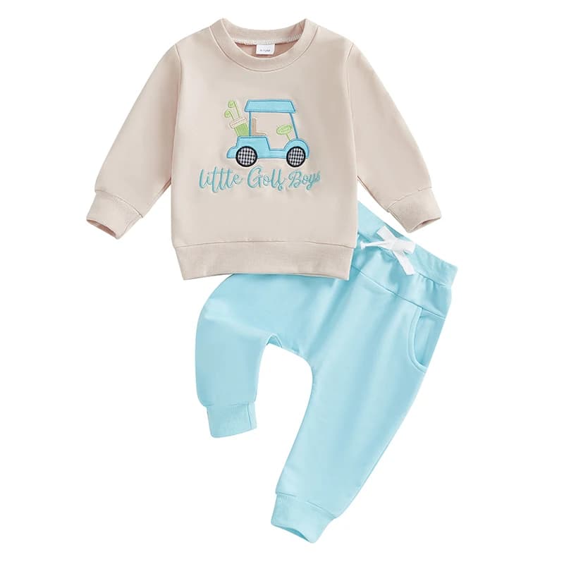 Baby 2Pcs Fall Outfits Long Sleeve Golf Cart Embroidery Pullover Pants Set Toddler Clothes