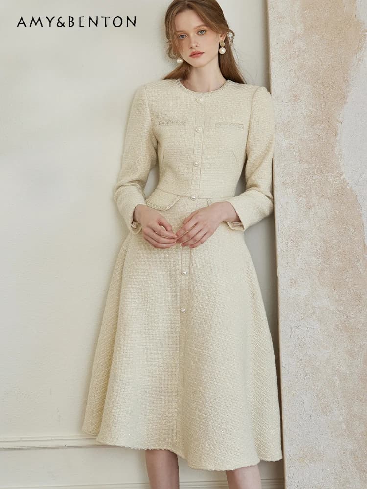 French Elegant High-Grade Slim Large Swing Dress for Women Winter New Round Neck Single-Breasted All-Match Tweed Midi Dresses