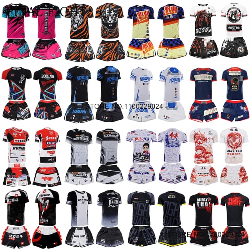 Muay Thai Shorts and T Shirt Set Multi Colors Cage Fighting Kickboxing Boxing Shorts Men Women Gym Martial Arts Training Uniform