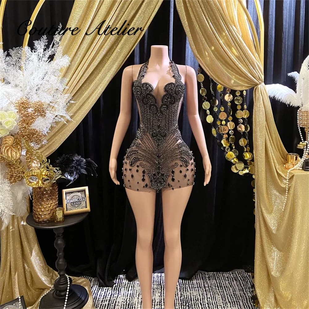 Seductive Black Halter Mini Cocktail Prom Dresses Black Girls Beaded Rhinestones Baddie Birthday Dress Luxury vestido Customized