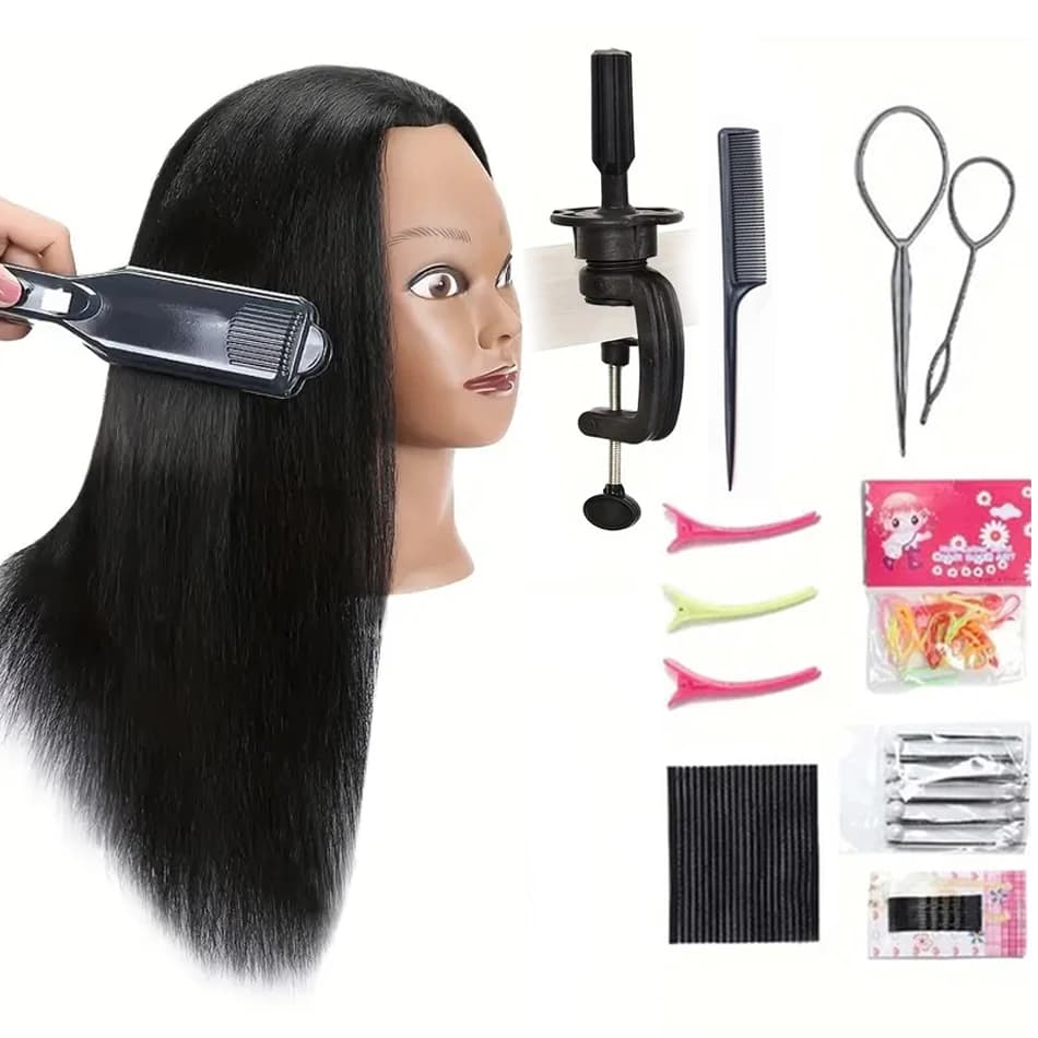 Headdoll Mannequin Head With 100% Real Hair for Cosmetology Manikin 16Inch Black Doll Head For Hairstyle Professional Training
