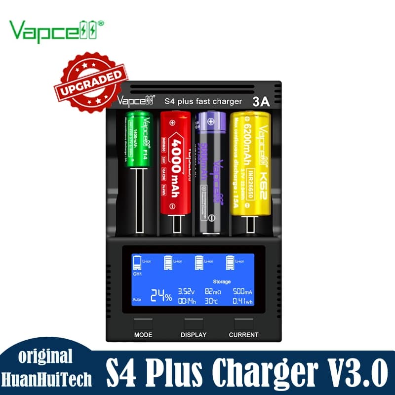 Original Vapcell S4 Plus V3.0 No Adapter (power cord) Fast Battery Charger 3A 4 Slots 12A Intelligent Charger