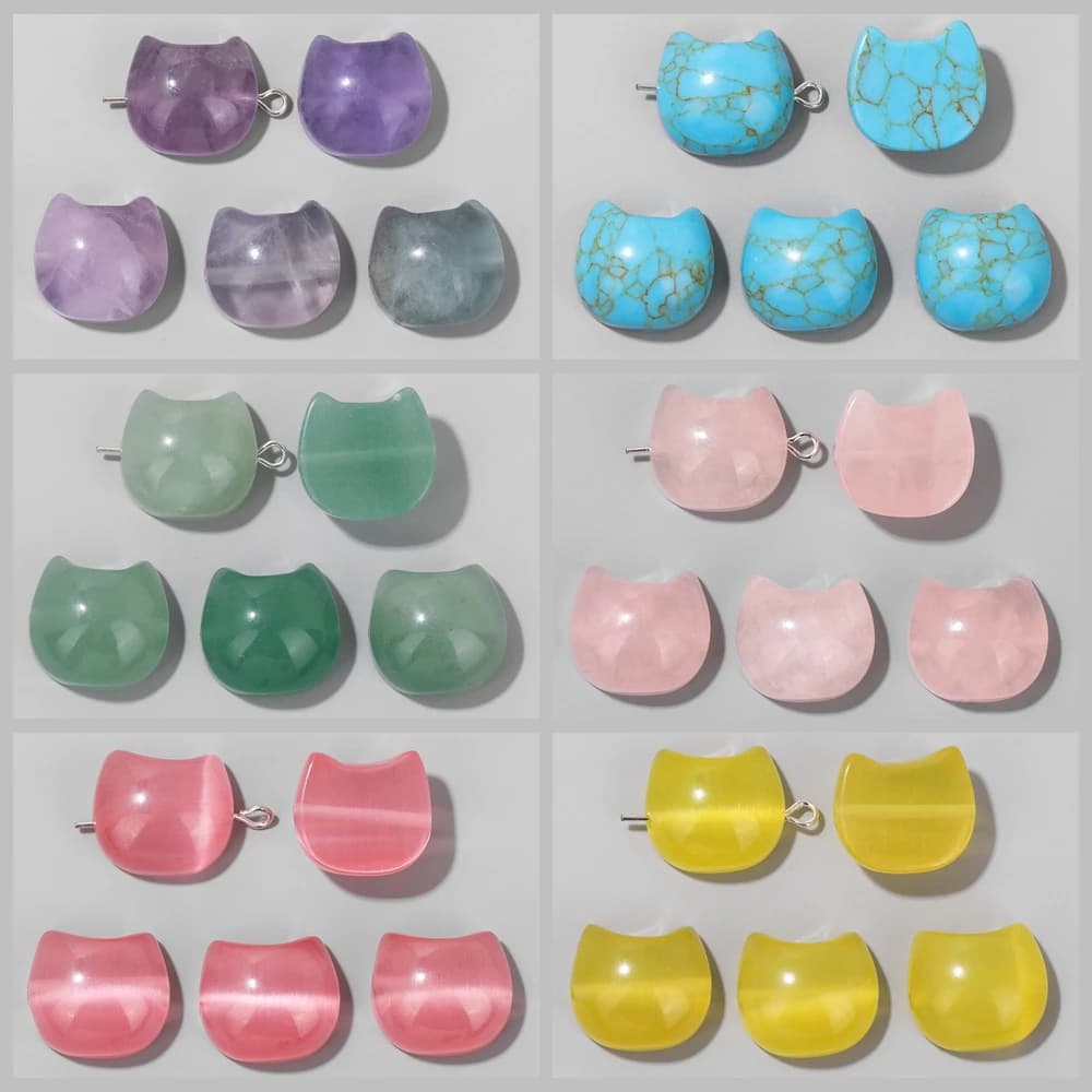 Muticolor Cat Shape Carved Bead 14x16mm Natural Fluorite Cateye Quartz Cute Charm Beads For Jewelry Making DIY Bracelet Necklace