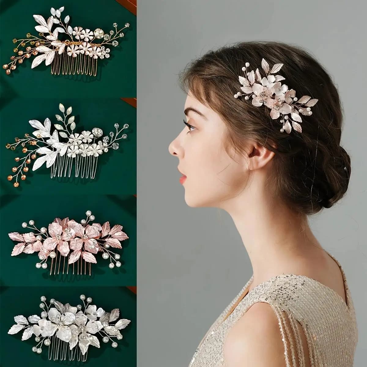 Fashion Palace Vintage Alloy Flower Handmade Bridal Plug Comb Luxury Rhinestone Pearl Hair Comb Bridal Wedding Hair Accessories