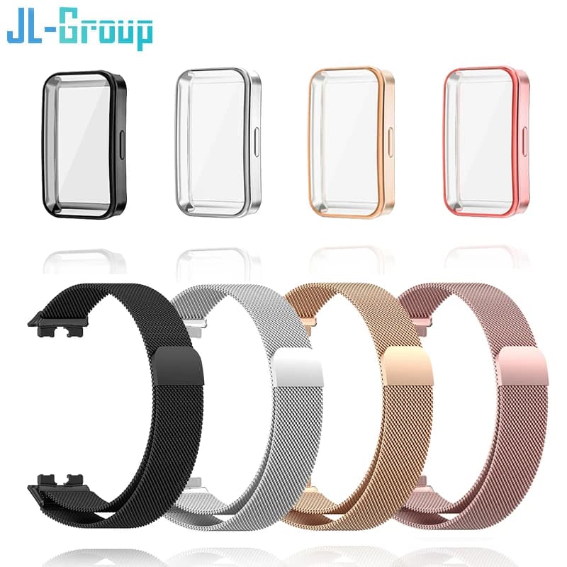 Metal Strap For Huawei Band 8 9 Bracelet With TPU Case Screen Protector Soft Film Replacement Milanese Magnetic Loop Watchband
