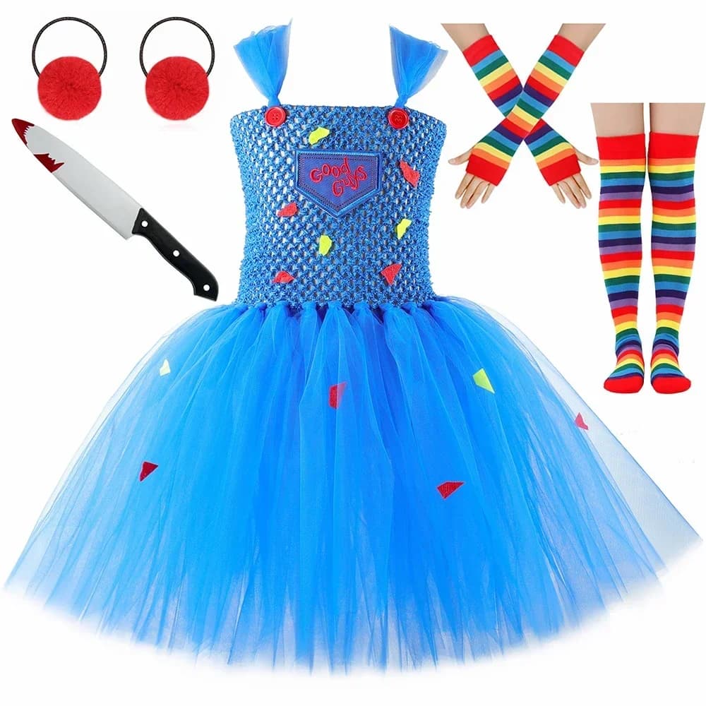 Halloween Chucky Costume for Girls Play Horror Killer Ghost Doll Killer Fancy Tutu Dress for Kids Carnival Party Horror Outfit