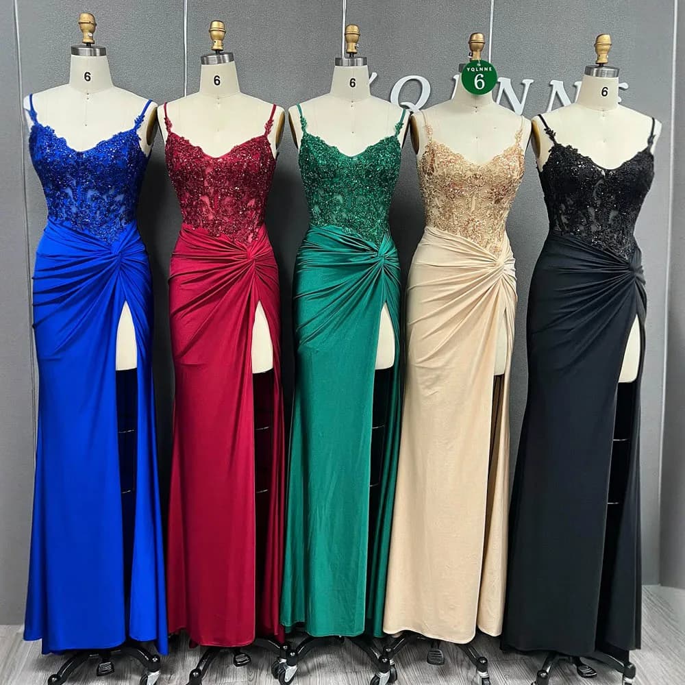 YQLNNE 01 Black High Slit Prom Dresses Long Straps Elastic Satin Mermaid Evening Gown Vestido de Gala