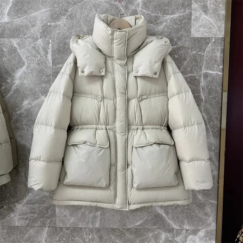 White Duck Down Medium-length Down Jacket Female Stand Collar Hooded Thickened Warm Puffer Jacket Loose Drawstring Thin Overcoat
