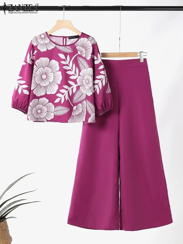 ZANZEA Summer Trousers Suits 2PCS Vintage 3/4 Sleeve Blouse Pant Sets Women Bohemian Matching Sets Casual Printed Tracksuits